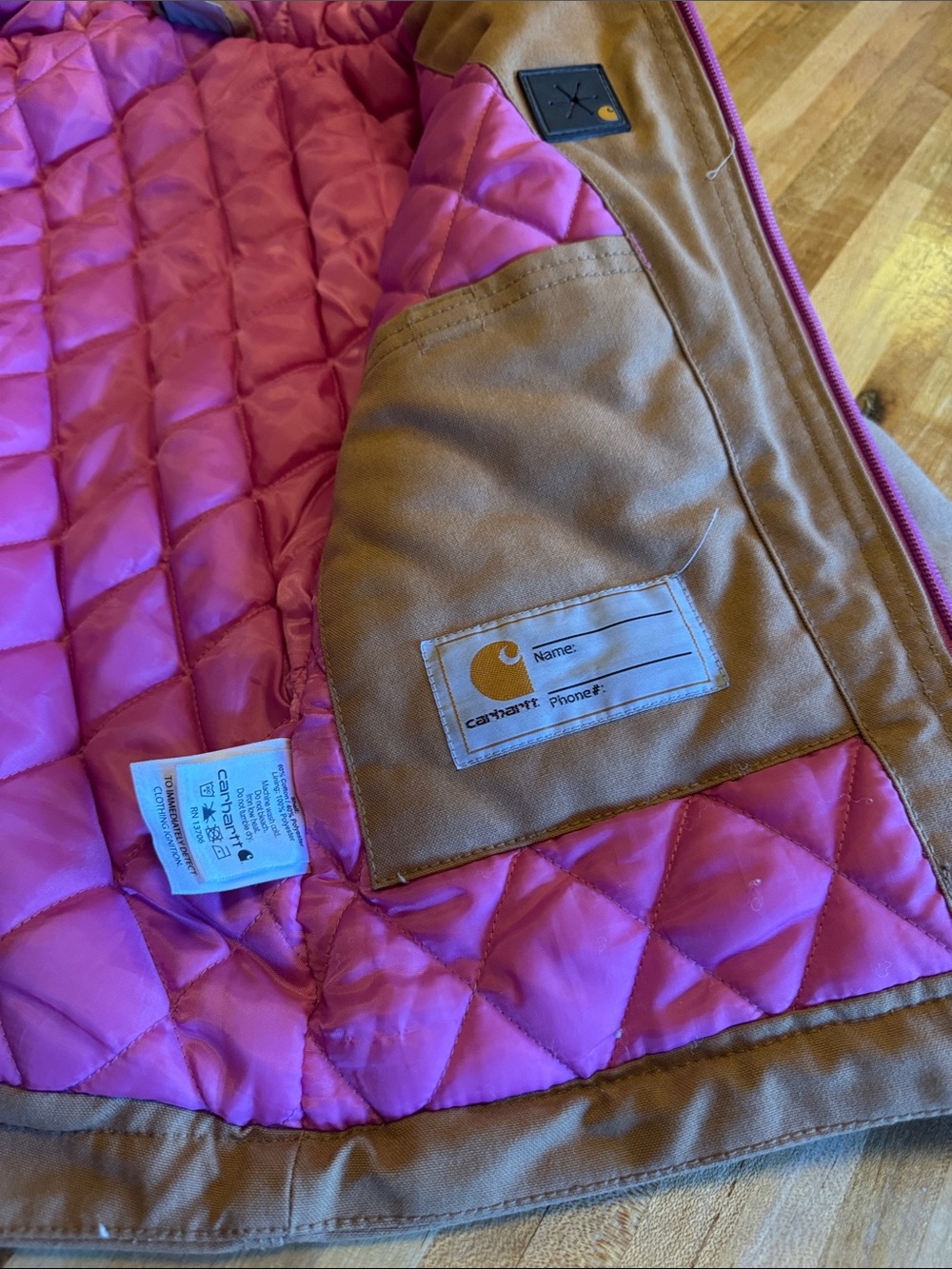 Carhartt Kids Brown Hooded Puffer Jacket with Pink Lining - Picture 8 of 8
